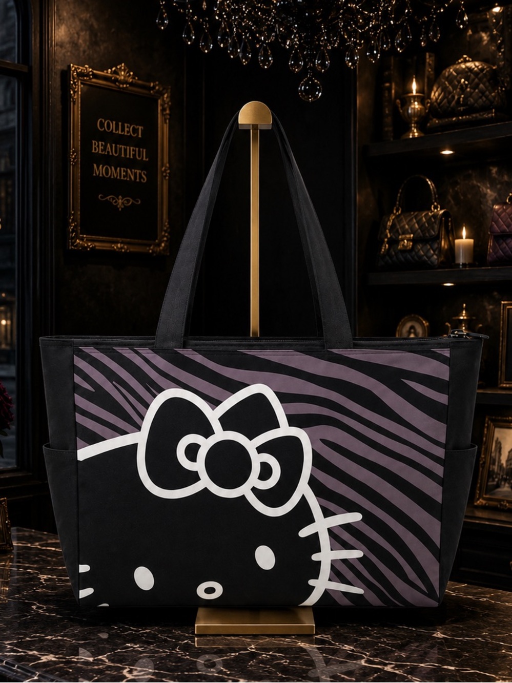 Hello Kitty Extra Large Canvas Tote Shoulder Bag Black White NWT